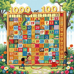 A detailed illustration of a giant Snake and Ladder game board, featuring numbers from 1 to 1000