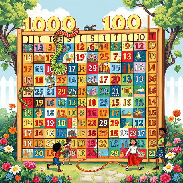 A detailed illustration of a giant Snake and Ladder game board, featuring numbers from 1 to 1000