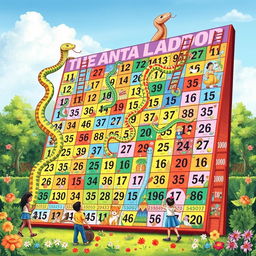 A detailed illustration of a giant Snake and Ladder game board, featuring numbers from 1 to 1000