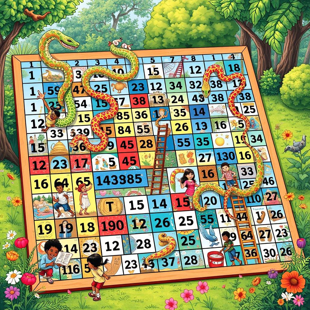 A detailed illustration of a giant Snake and Ladder game board, featuring numbers from 1 to 1000