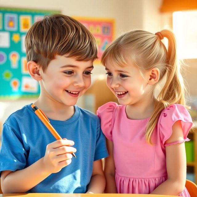 A playful scene between two 10-year-old friends, Sam and Sue, in a bright classroom environment