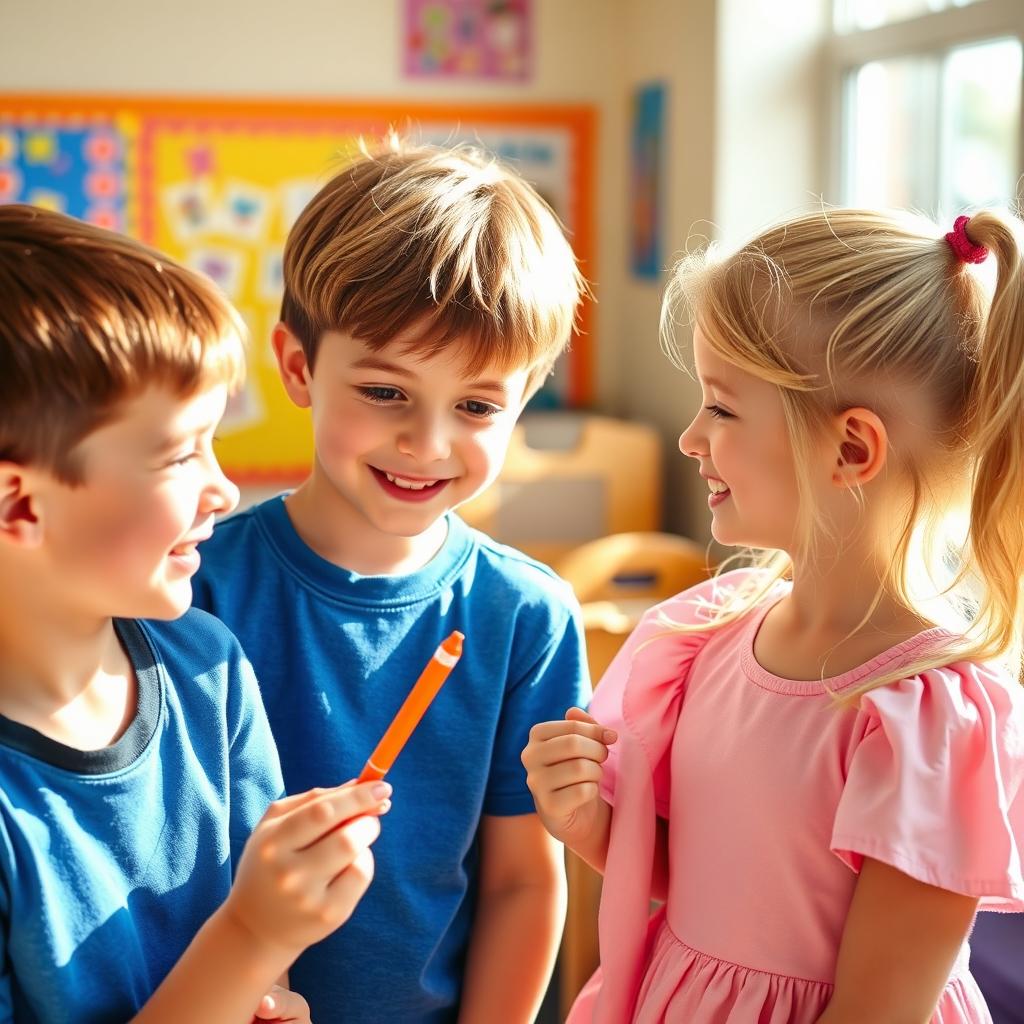 A playful scene between two 10-year-old friends, Sam and Sue, in a bright classroom environment