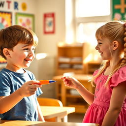A playful scene between two 10-year-old friends, Sam and Sue, in a bright classroom environment