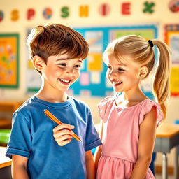 A playful scene between two 10-year-old friends, Sam and Sue, in a bright classroom environment