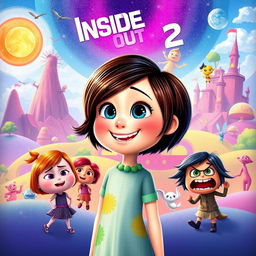 A vibrant and whimsical illustration of Riley Anderson as she appears in the film Inside Out 2, showcasing her unique personality and emotions