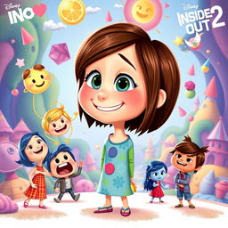 A vibrant and whimsical illustration of Riley Anderson as she appears in the film Inside Out 2, showcasing her unique personality and emotions