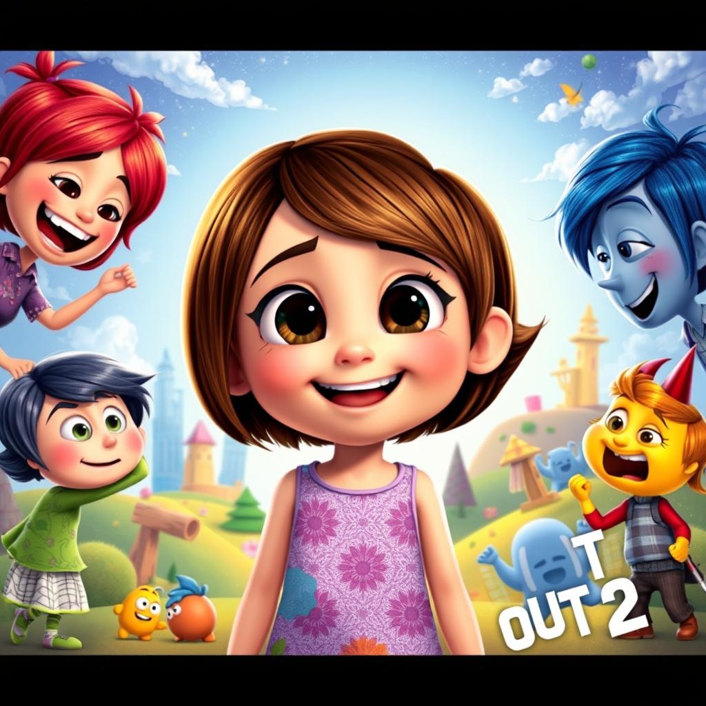 A vibrant and whimsical illustration of Riley Anderson as she appears in the film Inside Out 2, showcasing her unique personality and emotions