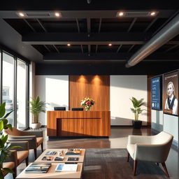 A beautifully designed office reception area, showcasing modern decor with large glass windows letting in natural light