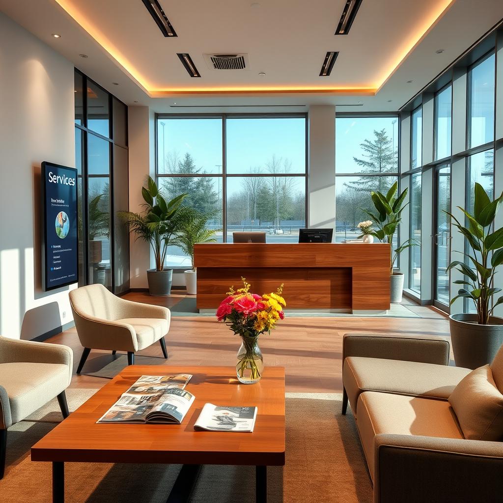 A beautifully designed office reception area, showcasing modern decor with large glass windows letting in natural light