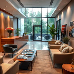 A beautifully designed office reception area, showcasing modern decor with large glass windows letting in natural light