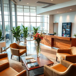 A beautifully designed office reception area, showcasing modern decor with large glass windows letting in natural light