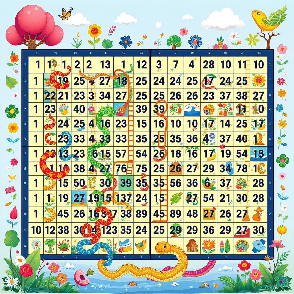 An elaborate and colorful Snake and Ladder game board, showcasing the numbers 1 through 1000