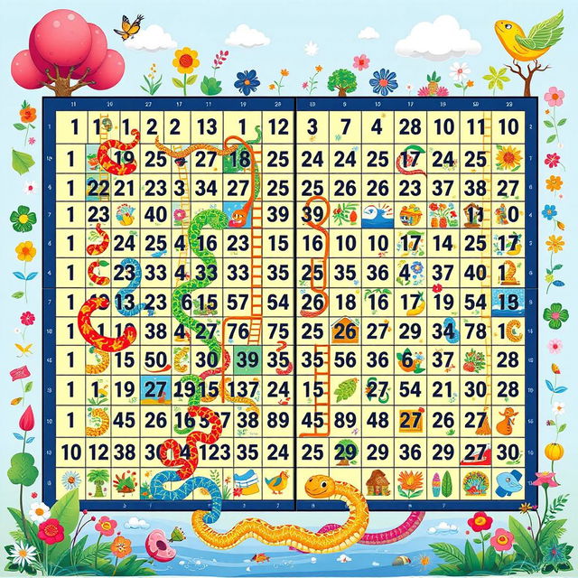 An elaborate and colorful Snake and Ladder game board, showcasing the numbers 1 through 1000