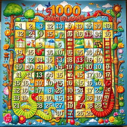 An elaborate and colorful Snake and Ladder game board, showcasing the numbers 1 through 1000