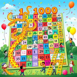 A vibrant and intricate illustration of a Snake and Ladder game board featuring numbers from 1 to 1000