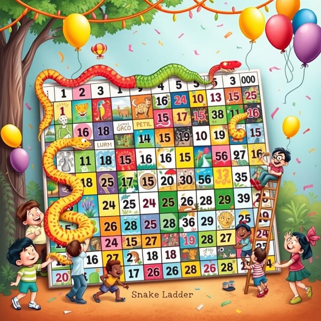 A vibrant and intricate illustration of a Snake and Ladder game board featuring numbers from 1 to 1000