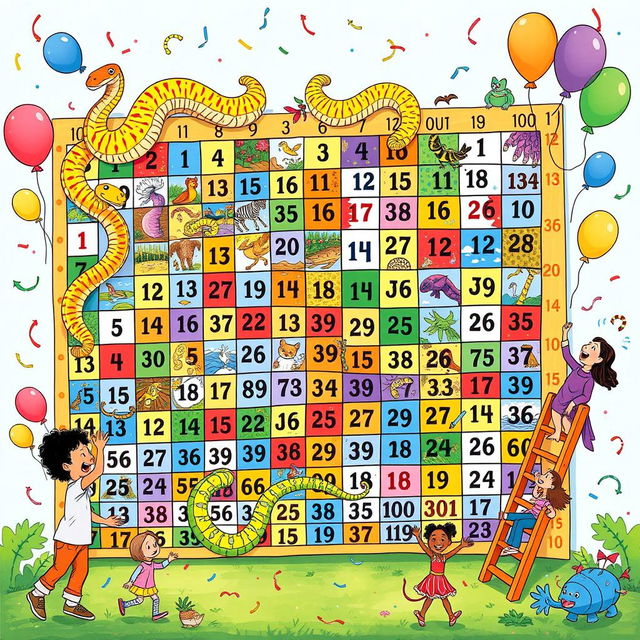 A vibrant and intricate illustration of a Snake and Ladder game board featuring numbers from 1 to 1000