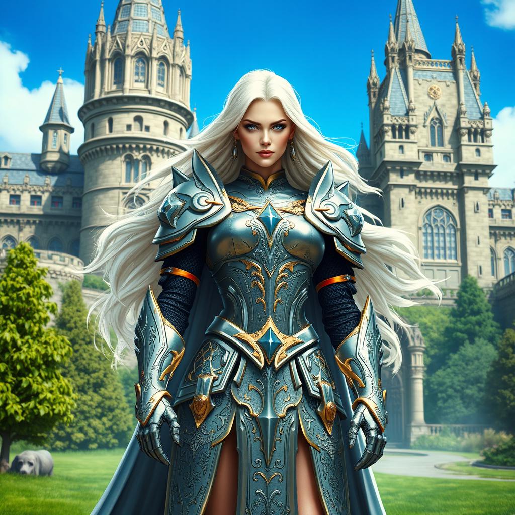 A beautiful and powerful queen in an elaborate fantasy setting, adorned in magnificent silver and gold armor, standing tall with a commanding presence