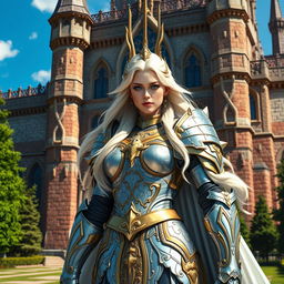 A beautiful and powerful queen in an elaborate fantasy setting, adorned in magnificent silver and gold armor, standing tall with a commanding presence