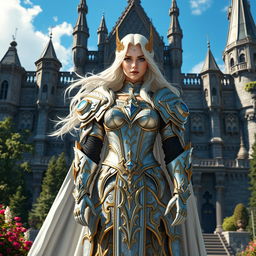 A beautiful and powerful queen in an elaborate fantasy setting, adorned in magnificent silver and gold armor, standing tall with a commanding presence