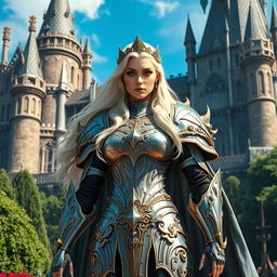 A beautiful and powerful queen in an elaborate fantasy setting, adorned in magnificent silver and gold armor, standing tall with a commanding presence