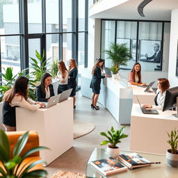 A vibrant office reception area bustling with activity, featuring several professional women working at sleek, modern reception desks