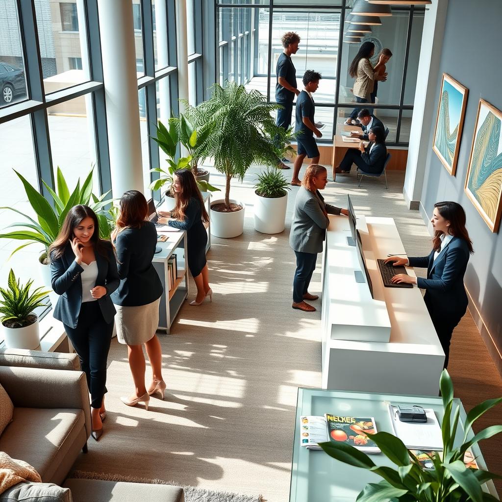 A vibrant office reception area bustling with activity, featuring several professional women working at sleek, modern reception desks