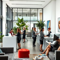 A vibrant office reception area bustling with activity, featuring several professional women working at sleek, modern reception desks