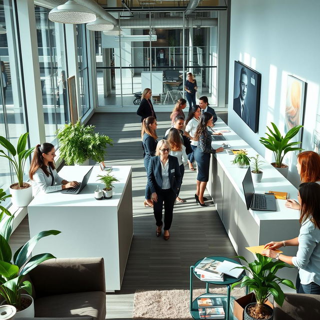 A vibrant office reception area bustling with activity, featuring several professional women working at sleek, modern reception desks