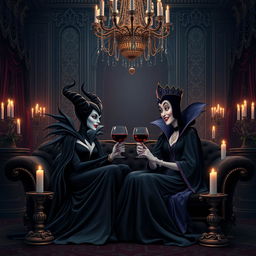 Maleficent and the Evil Queen (mother of Snow White) sitting together in a magnificent castle