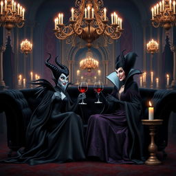 Maleficent and the Evil Queen (mother of Snow White) sitting together in a magnificent castle