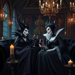 Maleficent and the Evil Queen (mother of Snow White) sitting together in a magnificent castle