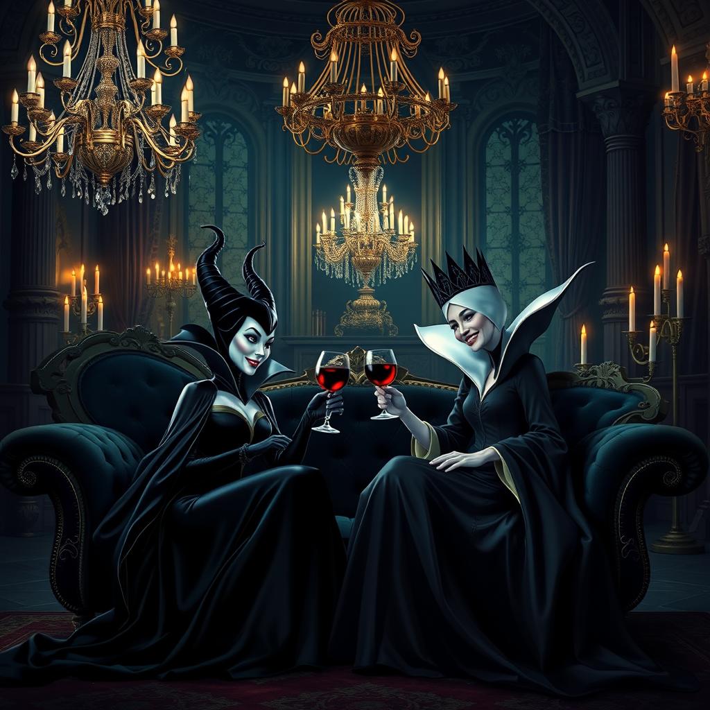 Maleficent and the Evil Queen (mother of Snow White) sitting together in a magnificent castle