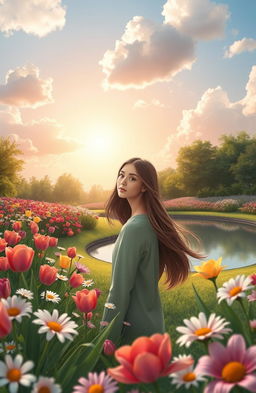 A serene landscape depicting a peaceful place with a vibrant garden full of colorful flowers like tulips and daisies, all surrounding a tranquil pond