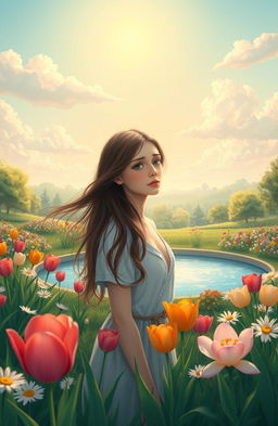 A serene landscape depicting a peaceful place with a vibrant garden full of colorful flowers like tulips and daisies, all surrounding a tranquil pond
