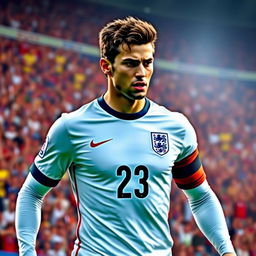 A male character wearing an England football jersey with the number 23 on it, set against a vibrant stadium background filled with cheering fans