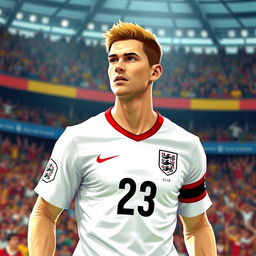 A male character wearing an England football jersey with the number 23 on it, set against a vibrant stadium background filled with cheering fans