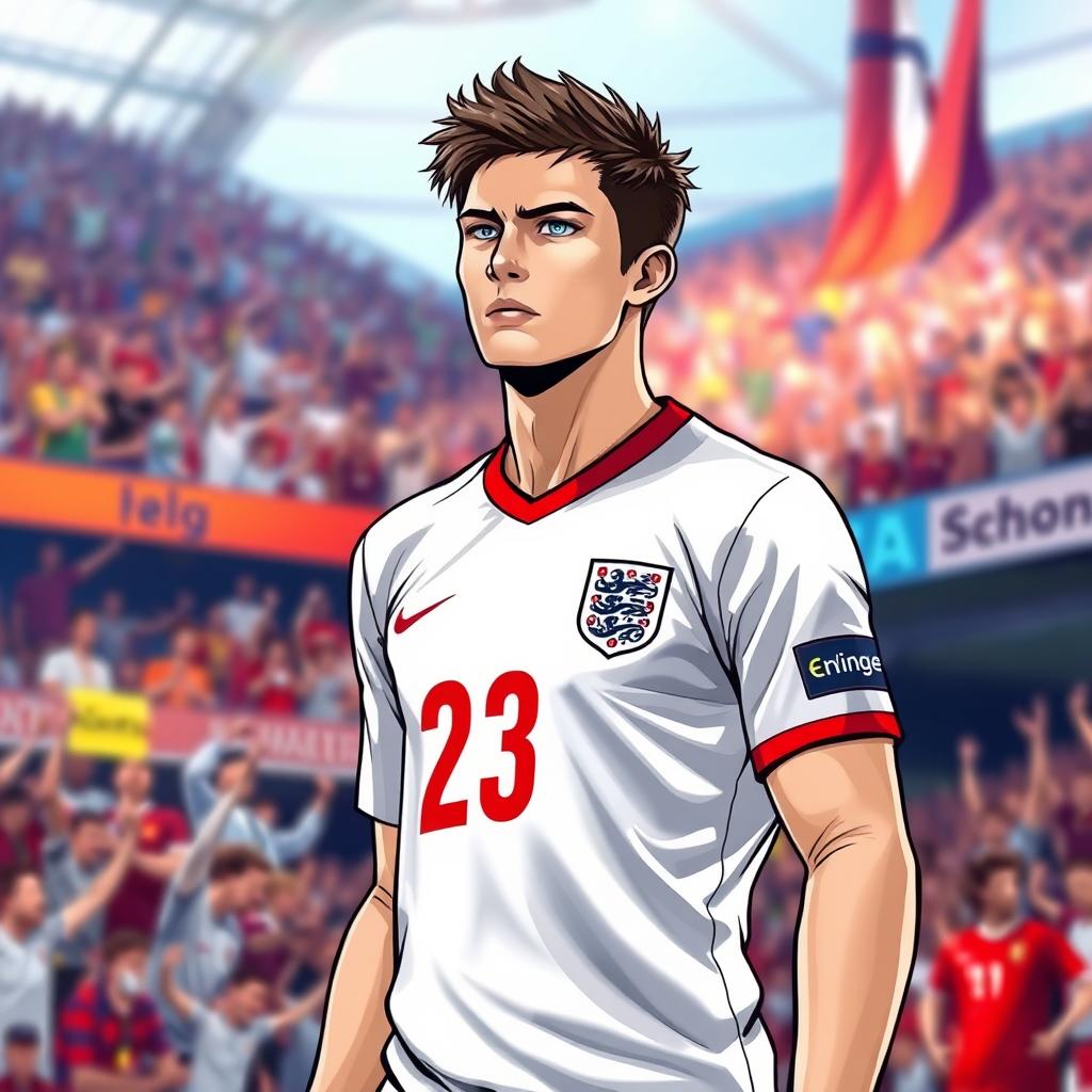 A male character wearing an England football jersey with the number 23 on it, set against a vibrant stadium background filled with cheering fans