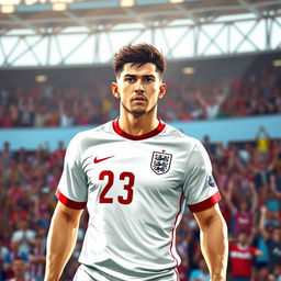 A male character wearing an England football jersey with the number 23 on it, set against a vibrant stadium background filled with cheering fans