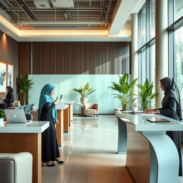 A contemporary office reception area in Iran, showcasing several professional women wearing Islamic hijab, actively engaged in their work