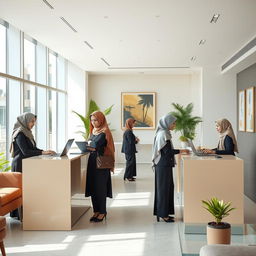 A contemporary office reception area in Iran, showcasing several professional women wearing Islamic hijab, actively engaged in their work