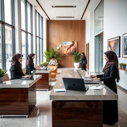 A contemporary office reception area in Iran, showcasing several professional women wearing Islamic hijab, actively engaged in their work