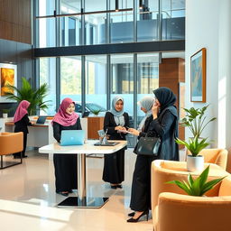 A contemporary office reception area in Iran, showcasing several professional women wearing Islamic hijab, actively engaged in their work