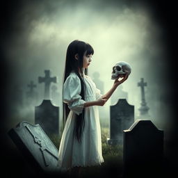 A girl with long black hair wearing a white dress stands in a cemetery, holding a skull in her hand