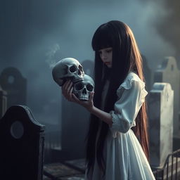 A girl with long black hair wearing a white dress stands in a cemetery, holding a skull in her hand
