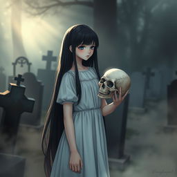 A girl with long black hair wearing a white dress stands in a cemetery, holding a skull in her hand
