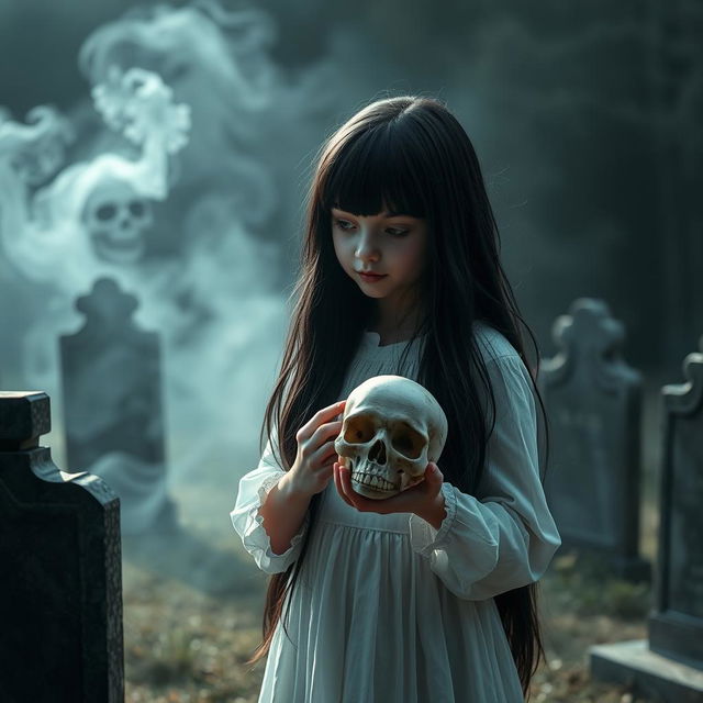 A girl with long black hair wearing a white dress stands in a cemetery, holding a skull in her hand