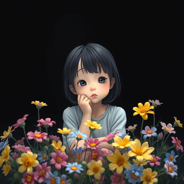 A serene scene depicting a puzzled girl sitting in a tranquil environment, surrounded by vibrant flowers that contrast with a black-themed background