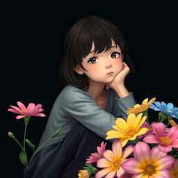 A serene scene depicting a puzzled girl sitting in a tranquil environment, surrounded by vibrant flowers that contrast with a black-themed background