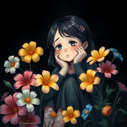 A serene scene depicting a puzzled girl sitting in a tranquil environment, surrounded by vibrant flowers that contrast with a black-themed background